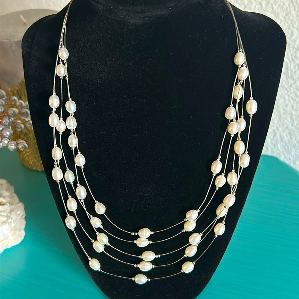 White Freshwater Rice Pearl Floating Illusion Multi-Strand Necklace